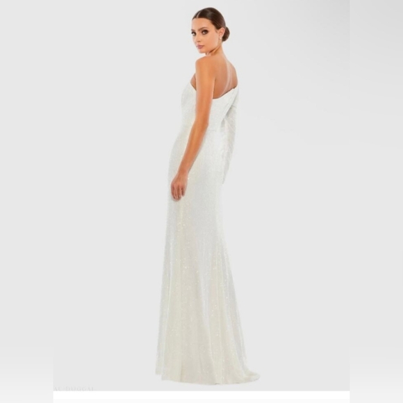 Mac Duggal Sparkling White One Shoulder Triumpet Long Sleeve Dress- HOMECOMING!! - Picture 5 of 12